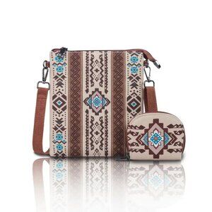 Boho Aztec Tribal Pattern Crossbody Bag Set Mini Wallet Women's Statement Purse